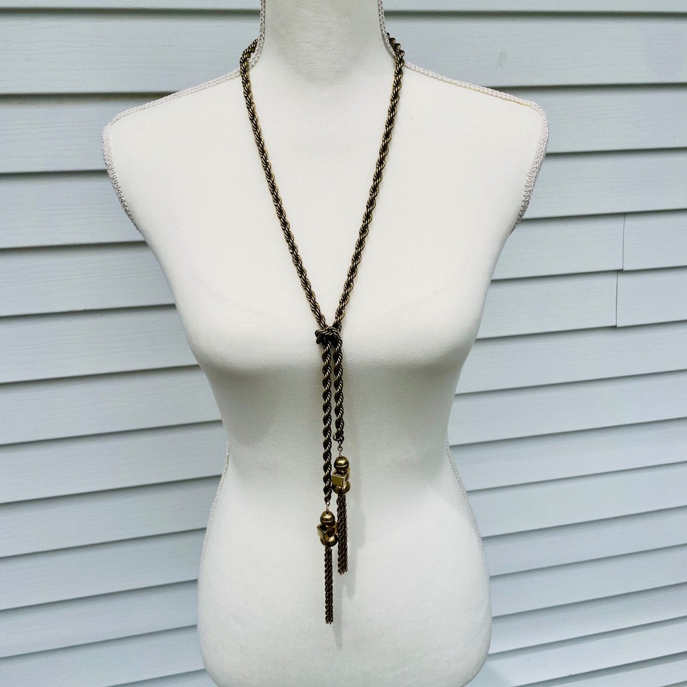 Chicos Twisted Rope Lariat Tassel Necklace Long Antique Gold Tone Opera Length